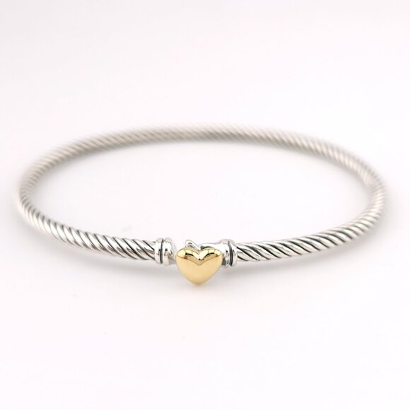 David Yurman Classis Cable 3mm Sterling Silver 18k Gold Heart Station Bracelet - Picture 2 of 10